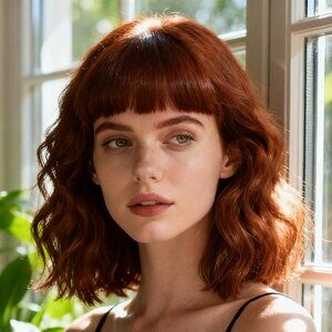 Women's Auburn 14 Inch Curly Synthetic Cosplay Bangs Short Bob Wavy Wigs